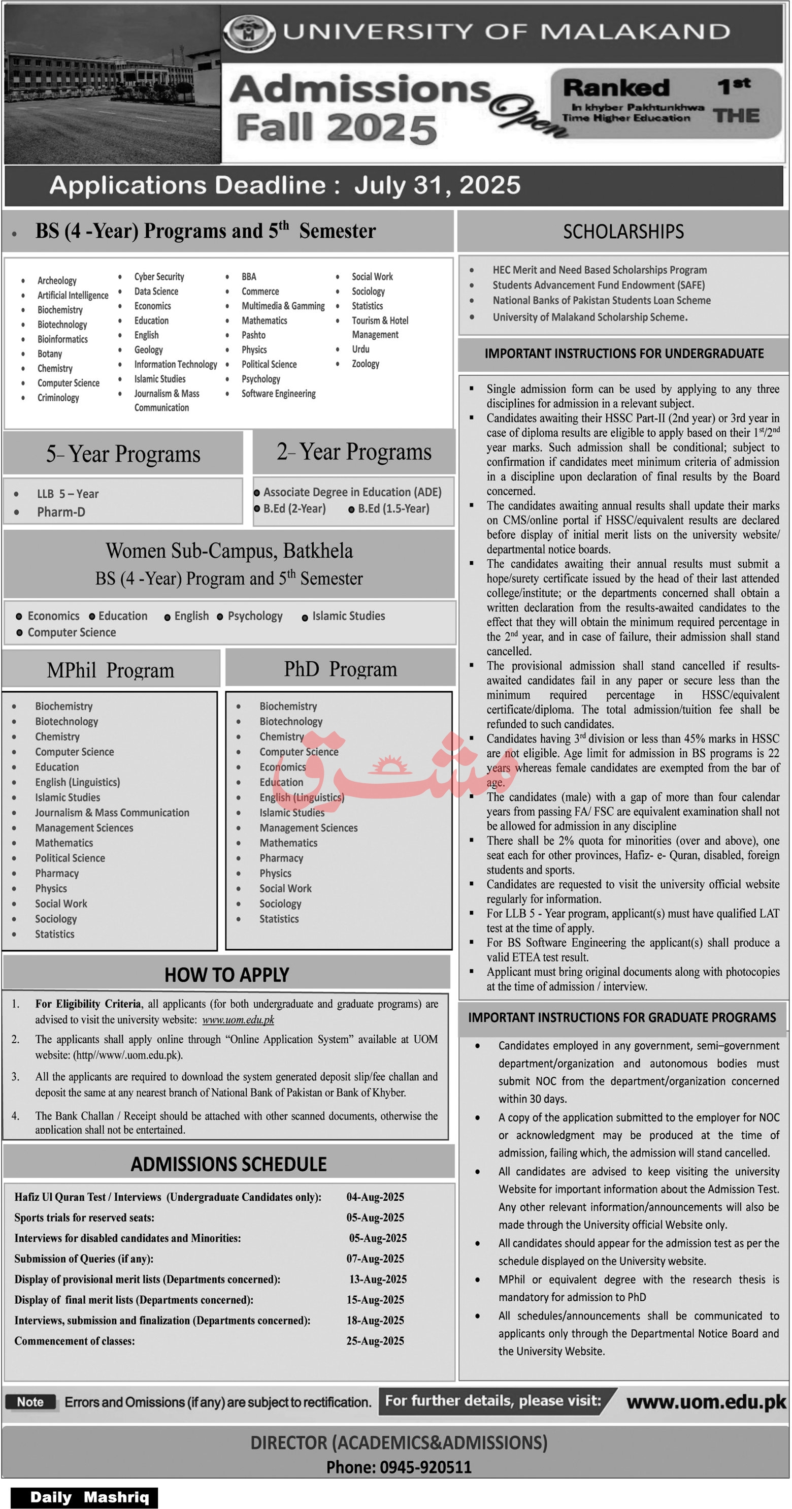 Admissio Ope in University of Malakand